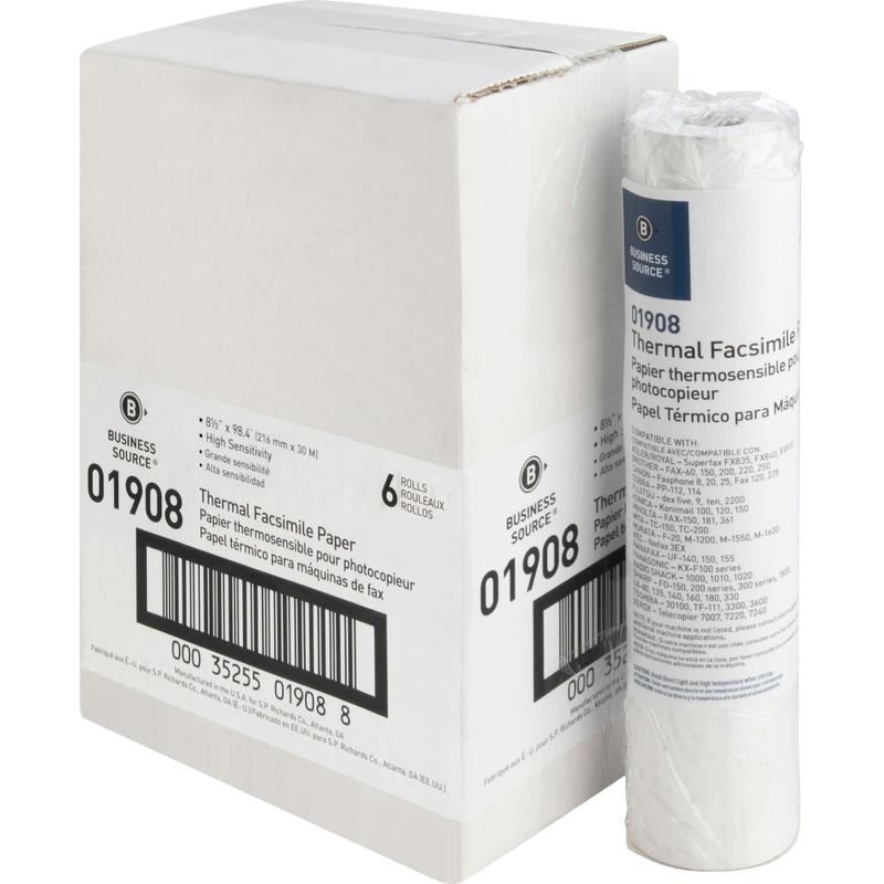 Business Source Thermal Fax Paper Rolls - 8 1/2in x 98 ft - 55 g/m2 Grammage - White - 6 / Carton MPN:01908
