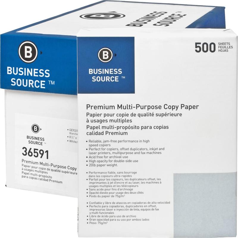 Business Source Premium Multi-Use Printer & Copy Paper, White, Letter (8.5in x 11in), 5000 Sheets Per Case, 20 Lb, 92 Brightness, Case Of 10 Reams MPN:36591