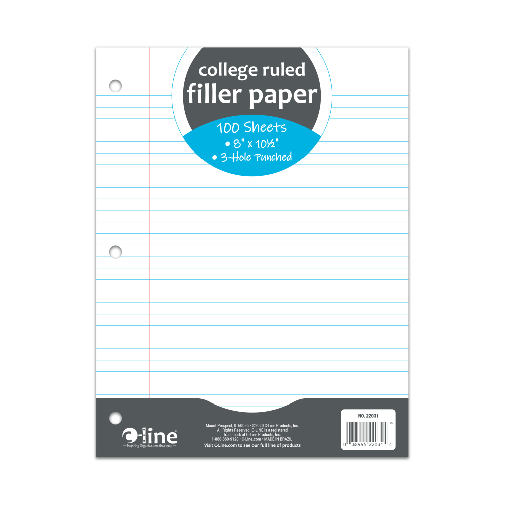 C-Line Filler Paper, 8in x 10-1/2in, College Rule, 100 Sheets Per Ream, White, Pack Of 36 Reams MPN:22031-CT