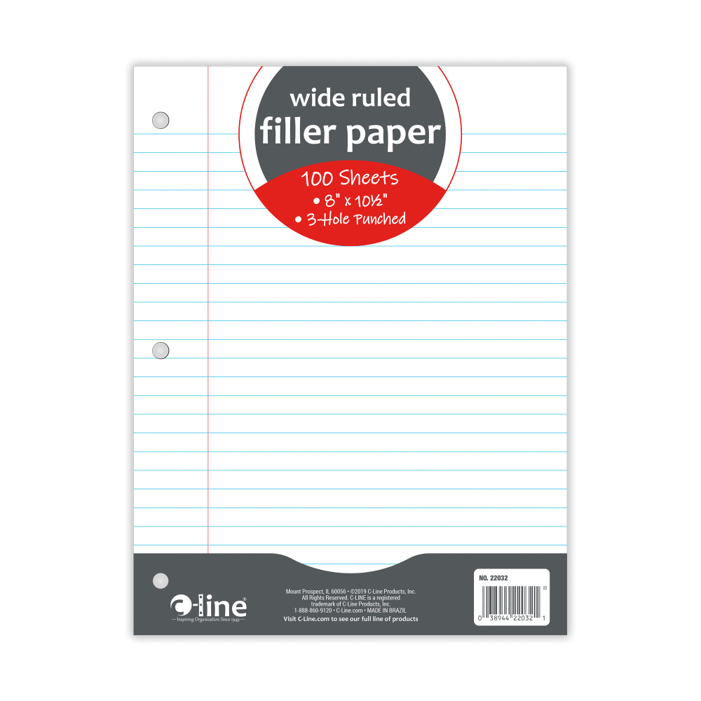 C-Line Filler Paper, 8in x 10-1/2in, Wide Rule, 100 Sheets Per Pack, White, Case Of 36 Packs MPN:22032-CT