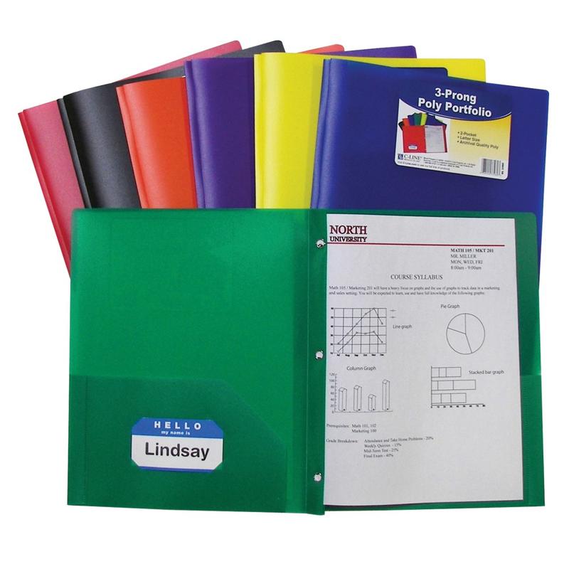 C-Line 2-Pocket Poly Portfolios With Prongs, 8 1/2in x 11in, 50-Sheet Capacity, Assorted Colors, Box Of 36 MPN:CLI33960