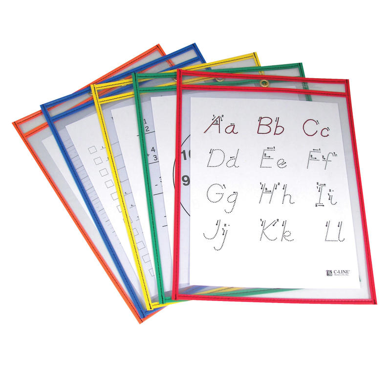 C Line Reusable Dry-Erase Pockets, 9in x 12in, Assorted Primary Colors, Pack Of 25 MPN:CLI40620