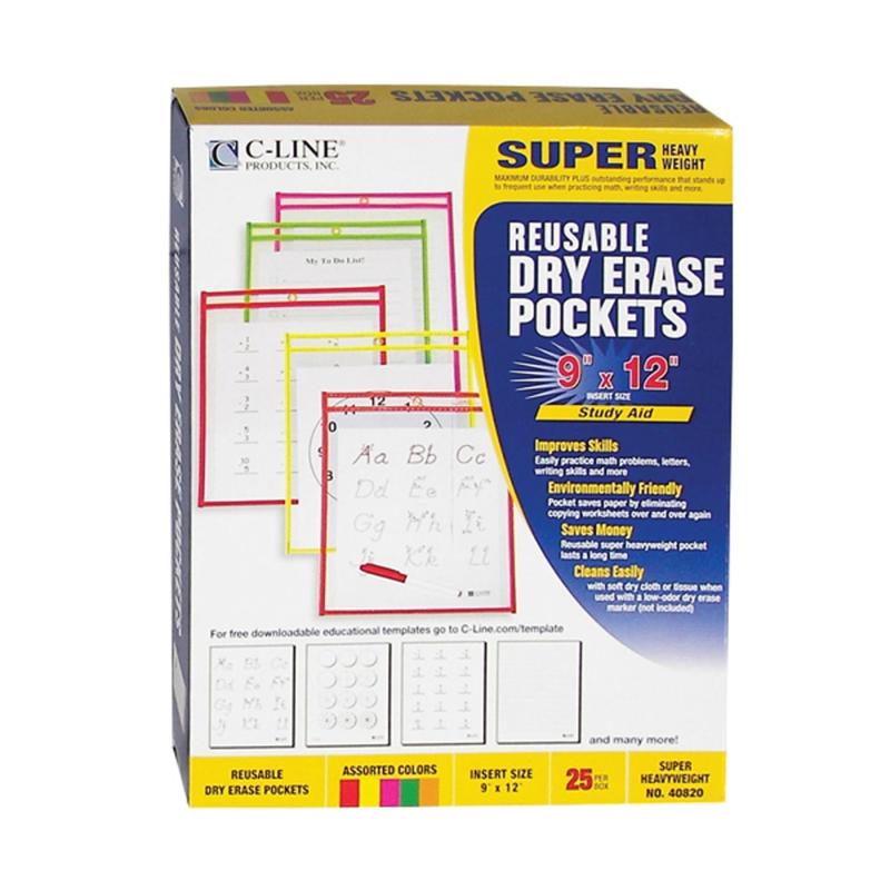 C Line Reusable Dry-Erase Pockets, 9in x 12in, Assorted Neon Colors, Pack Of 25 MPN:CLI40820