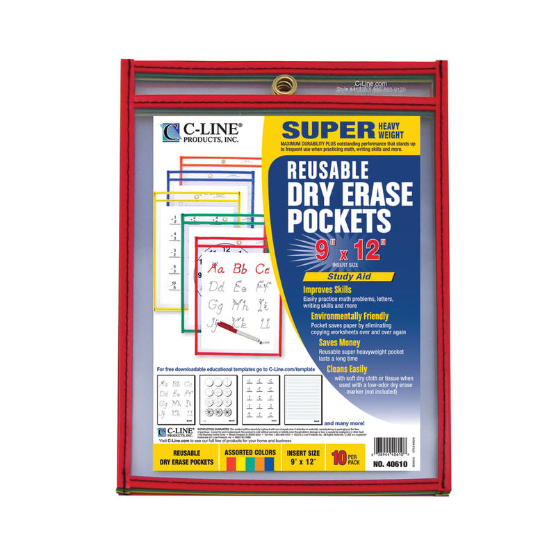C Line Reusable Dry-Erase Pockets, 9in x 12in, Assorted Colors, Pack Of 10 MPN:CLI40610