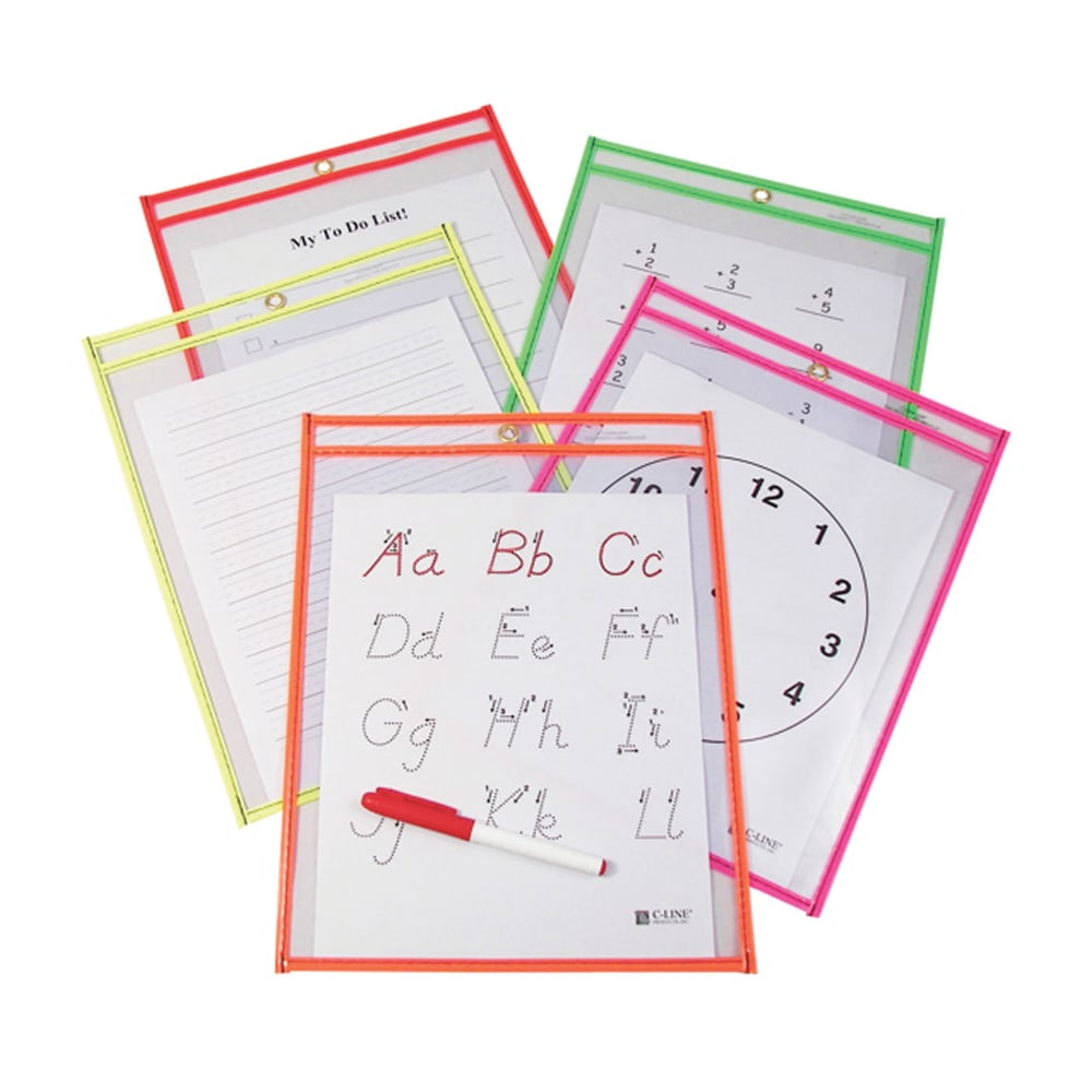 C Line Reusable Dry-Erase Pockets, 9in x 12in, Neon Assorted Colors, Pack Of 10 MPN:CLI40810