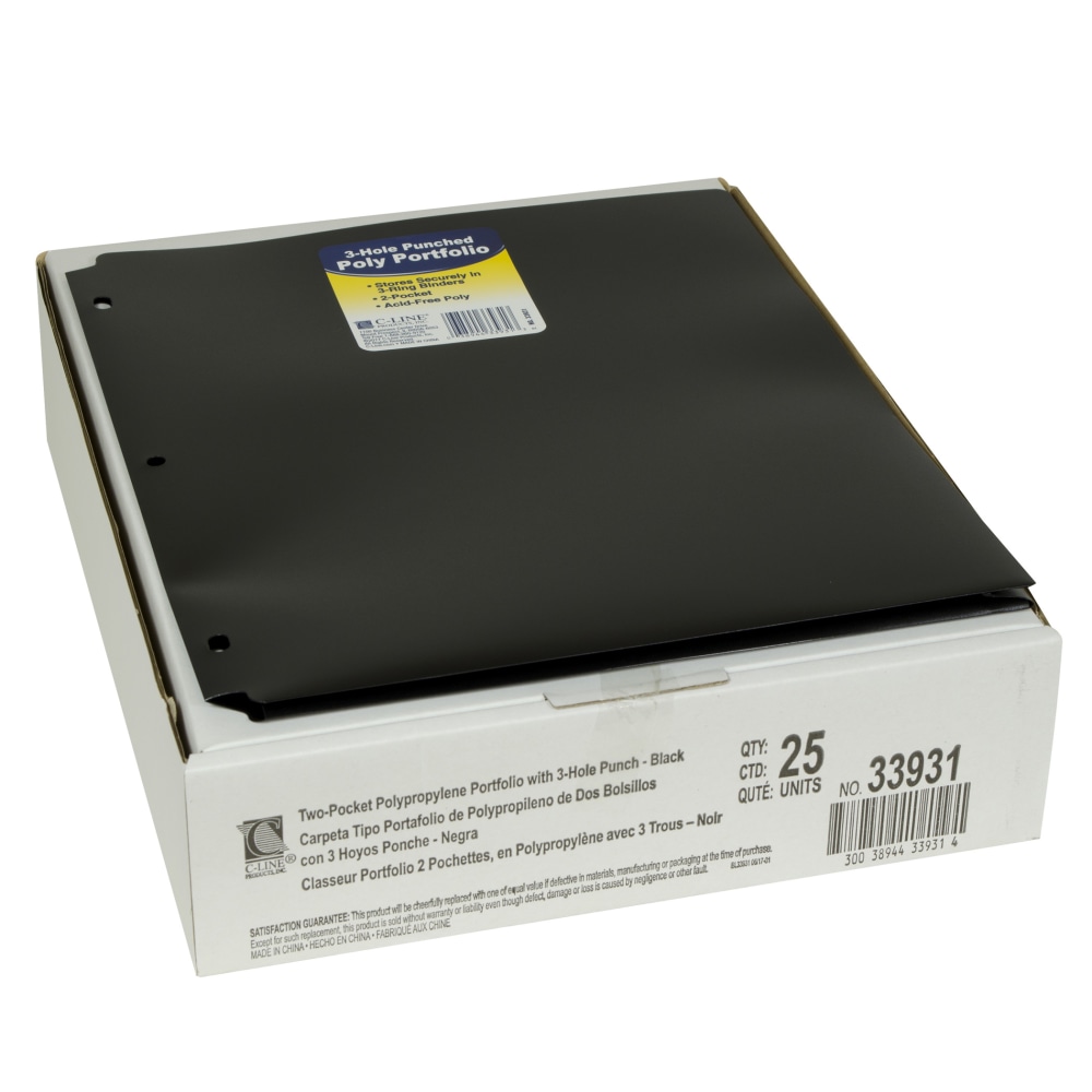 C-Line 2-Pocket Heavyweight Poly Portfolio Folders With 3-Hole Punch, 8-1/2in x 11in, Black, Pack Of 25 Folders MPN:CLI33931-25