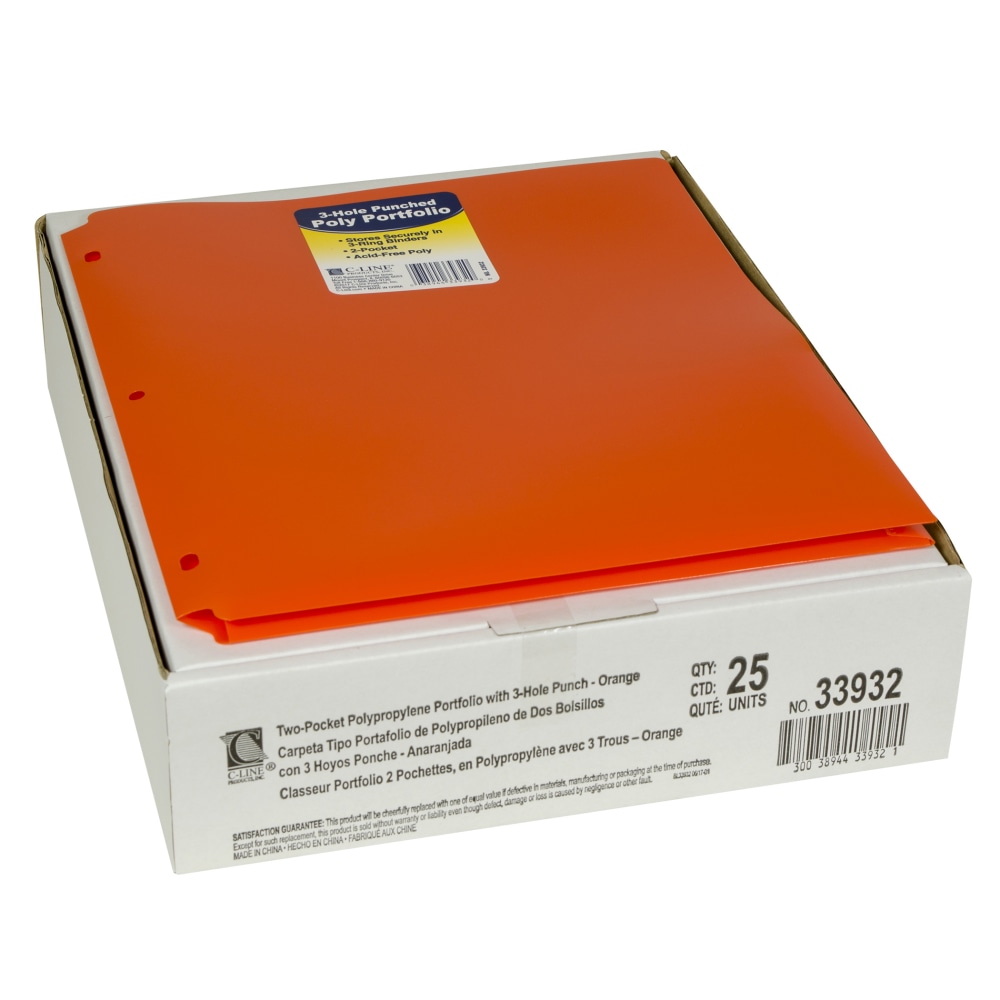 C-Line 2-Pocket Heavyweight Poly Portfolio Folders With 3-Hole Punch, 8-1/2in x 11in, Orange, Pack Of 25 Folders MPN:CLI33932-25