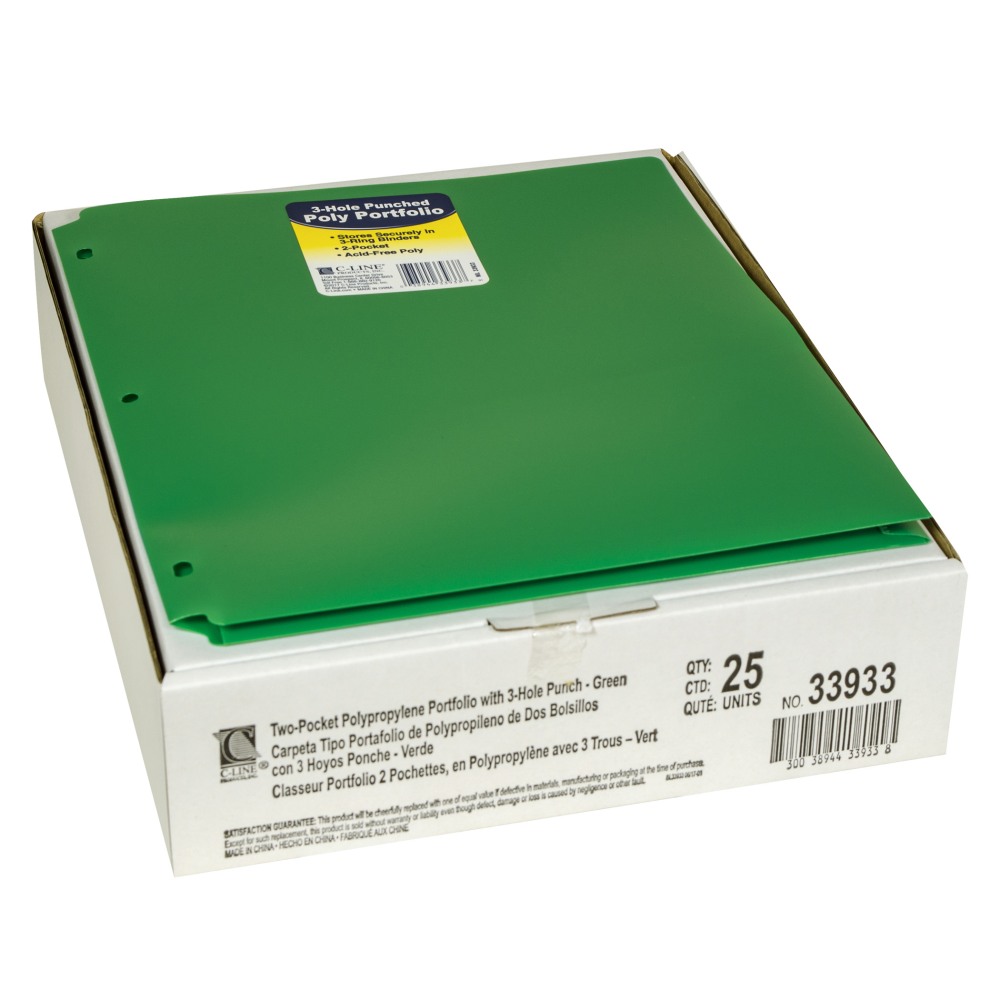 C-Line 2-Pocket Heavyweight Poly Portfolio Folders With 3-Hole Punch, 8-1/2in x 11in, Green, Pack Of 25 Folders MPN:CLI33933-25