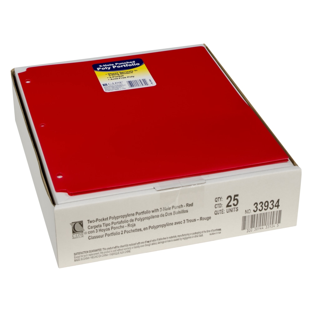 C-Line 2-Pocket Heavyweight Poly Portfolio Folders With 3-Hole Punch, 8-1/2in x 11in, Red, Pack Of 25 MPN:CLI33934-25