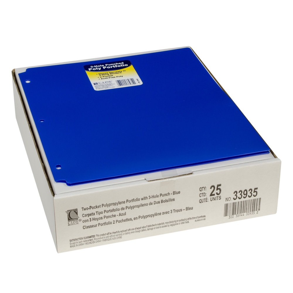 C-Line 2-Pocket Heavyweight Poly Portfolio Folders With 3-Hole Punch, 8-1/2in x 11in, Blue, Pack Of 25 Folders MPN:CLI33935-25