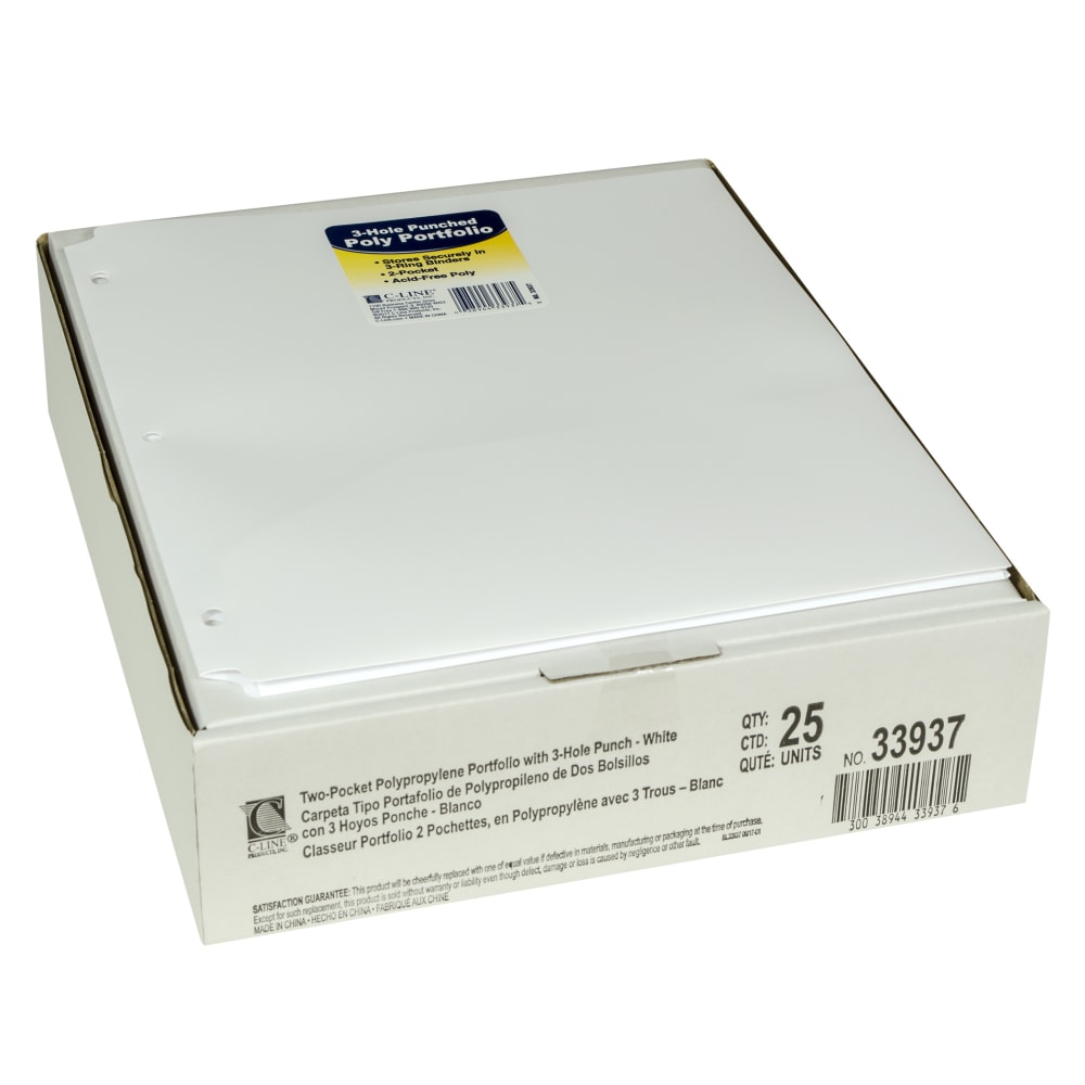 C-Line 2-Pocket Heavyweight Poly Portfolio Folders With 3-Hole Punch, 8-1/2in x 11in, White, Pack Of 25 Folders MPN:CLI33937-25