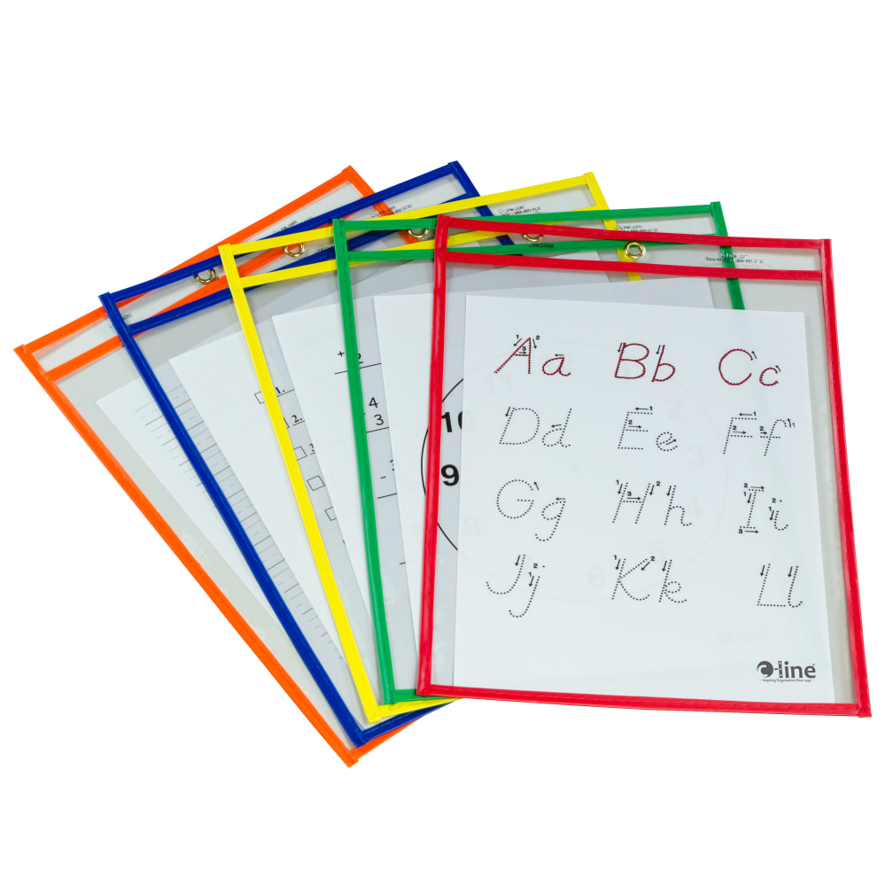 C-Line Reusable Dry-Erase Pockets, 9in x 12in, Assorted Colors, Pack Of 5 Pockets MPN:40631