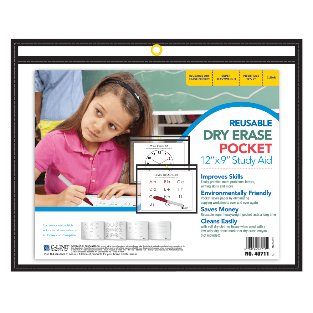 C-Line Reusable Dry-Erase Pockets, 9in x 12in, Clear/Black, Pack Of 30 Pockets MPN:40711-BX