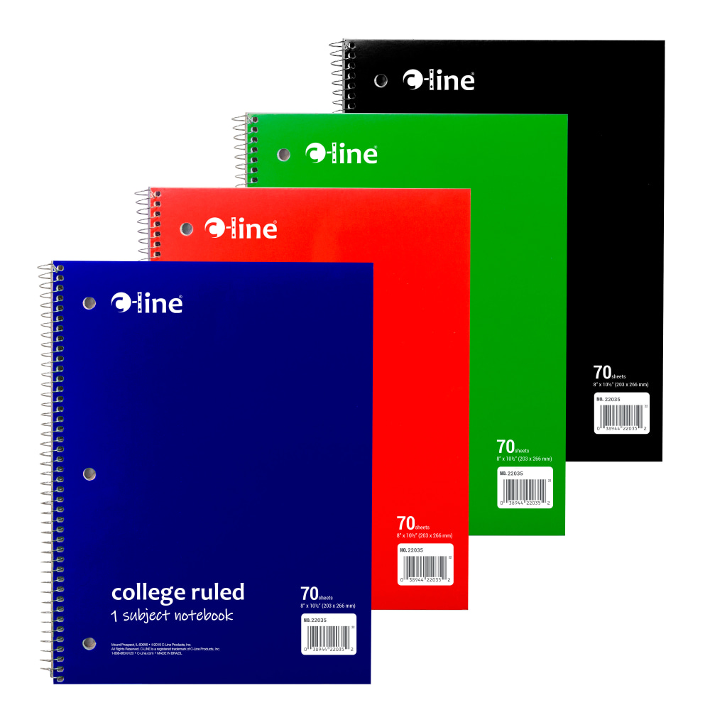 C-Line College Rule Spiral Notebooks, 8in x 10-1/2in, 70 Sheets, Assorted Colors, Pack Of 24 Notebooks MPN:22035-CT