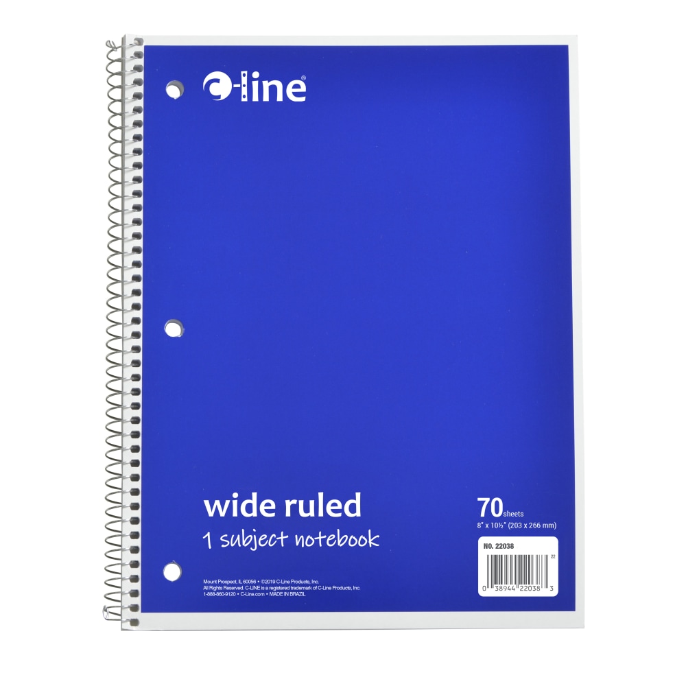 C-Line Wide Rule Spiral Notebooks, 8in x 10-1/2in, 1 Subject, 70 Sheets, Blue, Case Of 24 Notebooks MPN:22038-CT