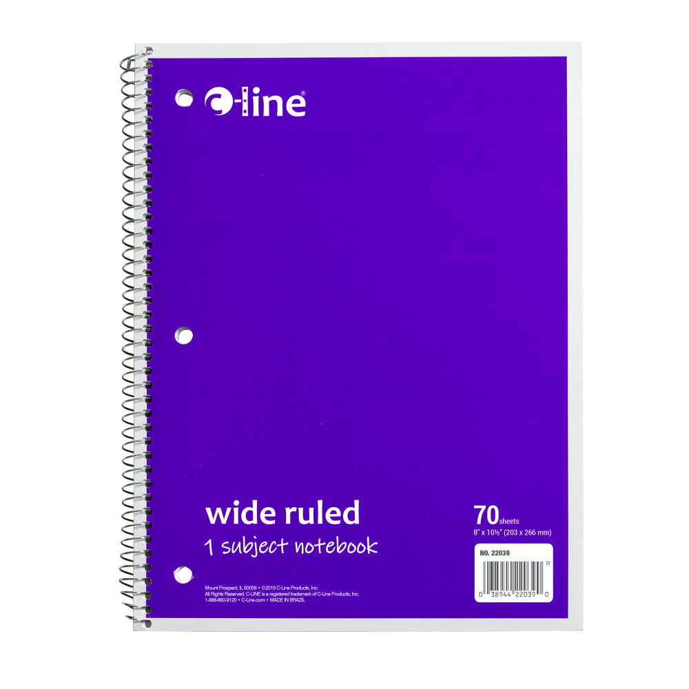 C-Line Wide Rule Spiral Notebooks, 8in x 10-1/2in, 1 Subject, 70 Sheets, Purple, Case Of 24 Notebooks MPN:22039-CT