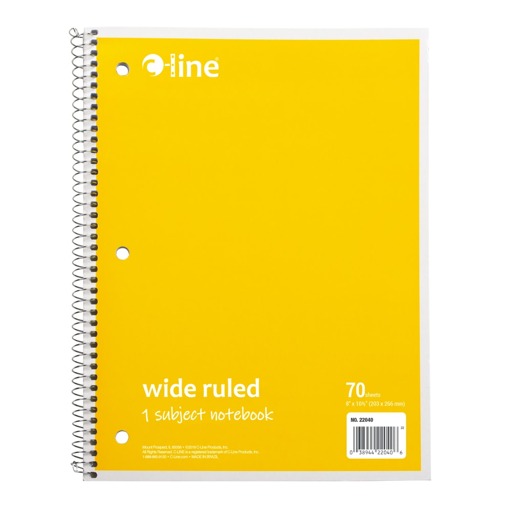 C-Line Wide Rule Spiral Notebooks, 8in x 10-1/2in, 1 Subject, 70 Sheets, Yellow, Case Of 24 Notebooks MPN:22040-CT