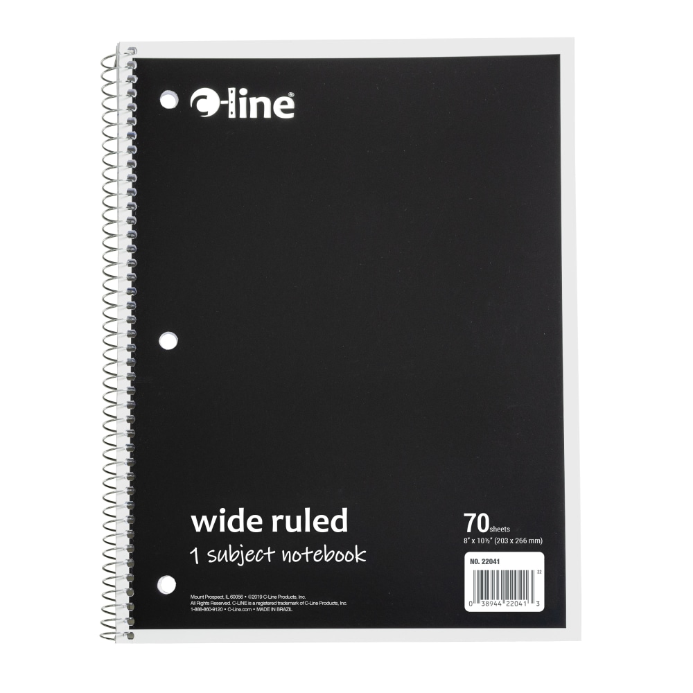 C-Line Wide Rule Spiral Notebooks, 8in x 10-1/2in, 1 Subject, 70 Sheets, Black, Case Of 24 Notebooks MPN:22041-CT