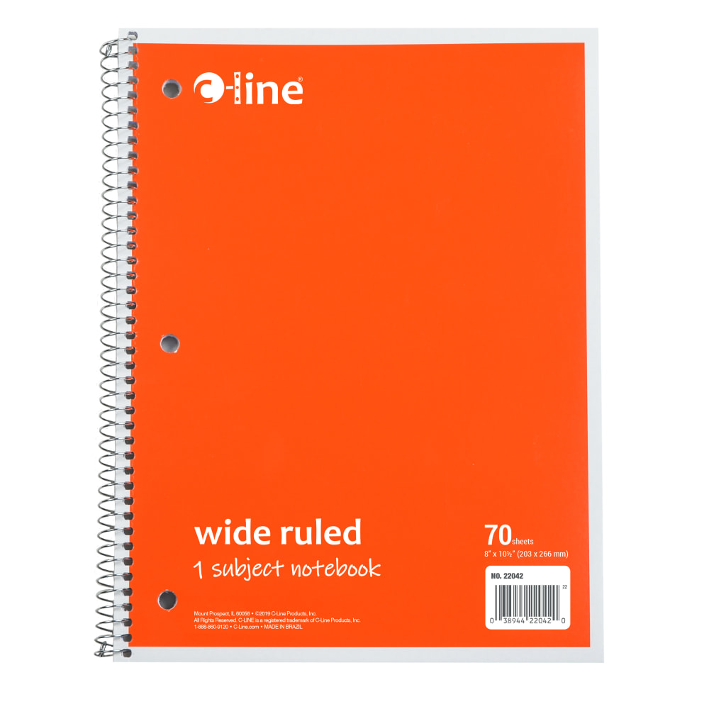 C-Line Wide Rule Spiral Notebooks, 8in x 10-1/2in, 1 Subject, 70 Sheets, Orange, Case Of 24 Notebooks MPN:22042-CT