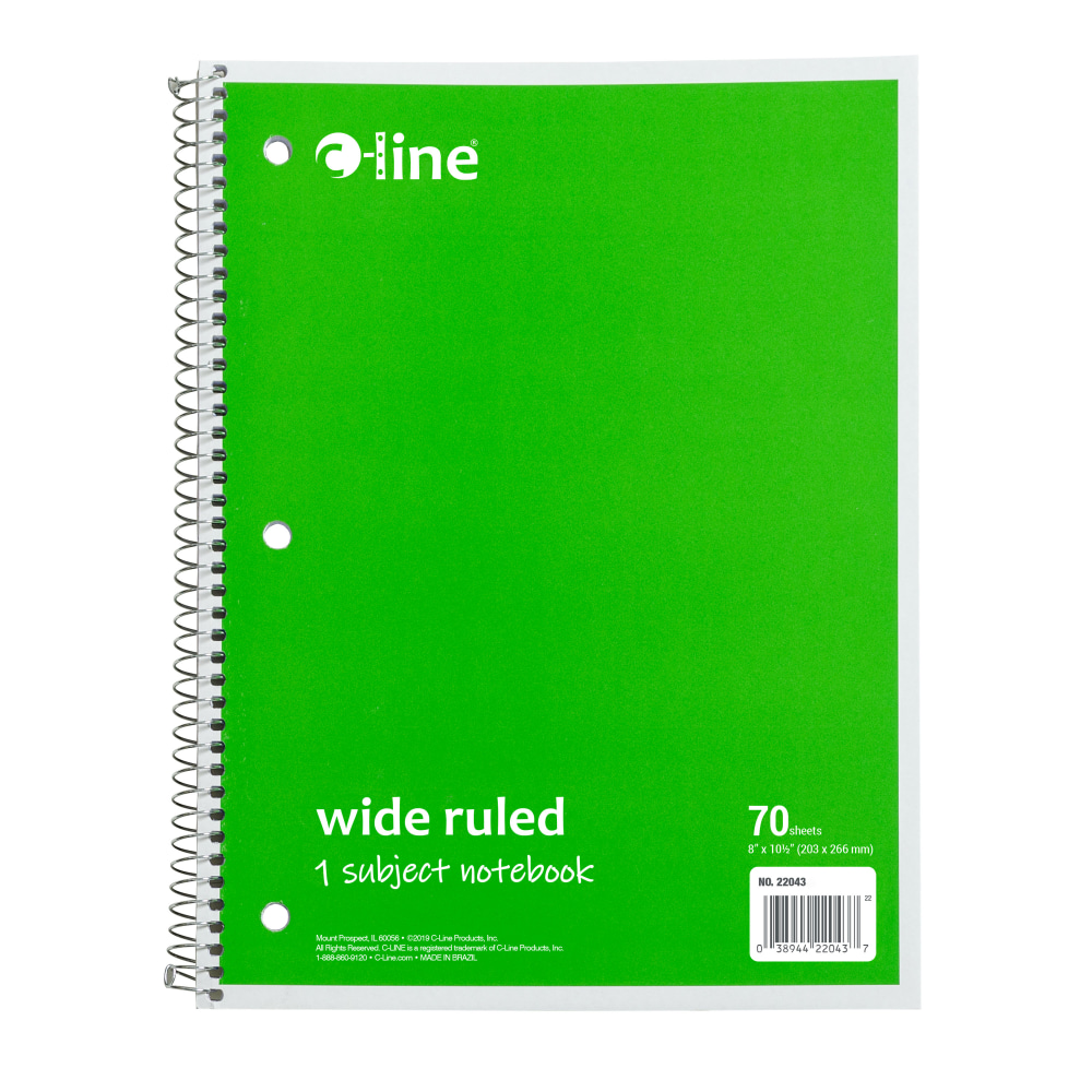 C-Line Wide Rule Spiral Notebooks, 8in x 10-1/2in, 1 Subject, 70 Sheets, Green, Case Of 24 Notebooks MPN:22043-CT