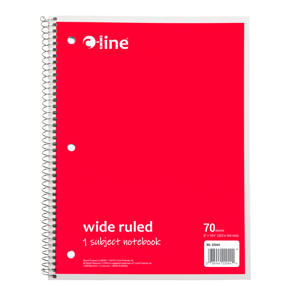 C-Line Wide Rule Spiral Notebooks, 8in x 10-1/2in, 1 Subject, 70 Sheets, Red, Case Of 24 Notebooks MPN:22044-CT