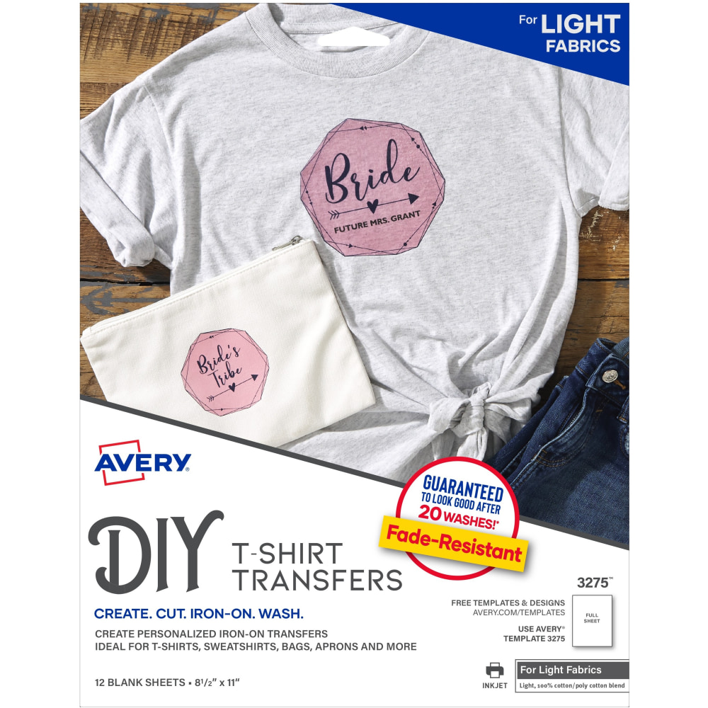 Avery T-Shirt Transfers for Inkjet Printers - Letter - 8 1/2in x 11in - Matte - 12 / Pack - Printable, Easy Peel, Die-cut, Long Lasting, Crack Resistant MPN:03275
