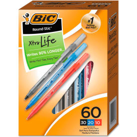 BIC® Round Stic Xtra Precision Stick Ballpoint Pen 1mm Assorted Ink/Barrel 60/Pack GSM609AST
