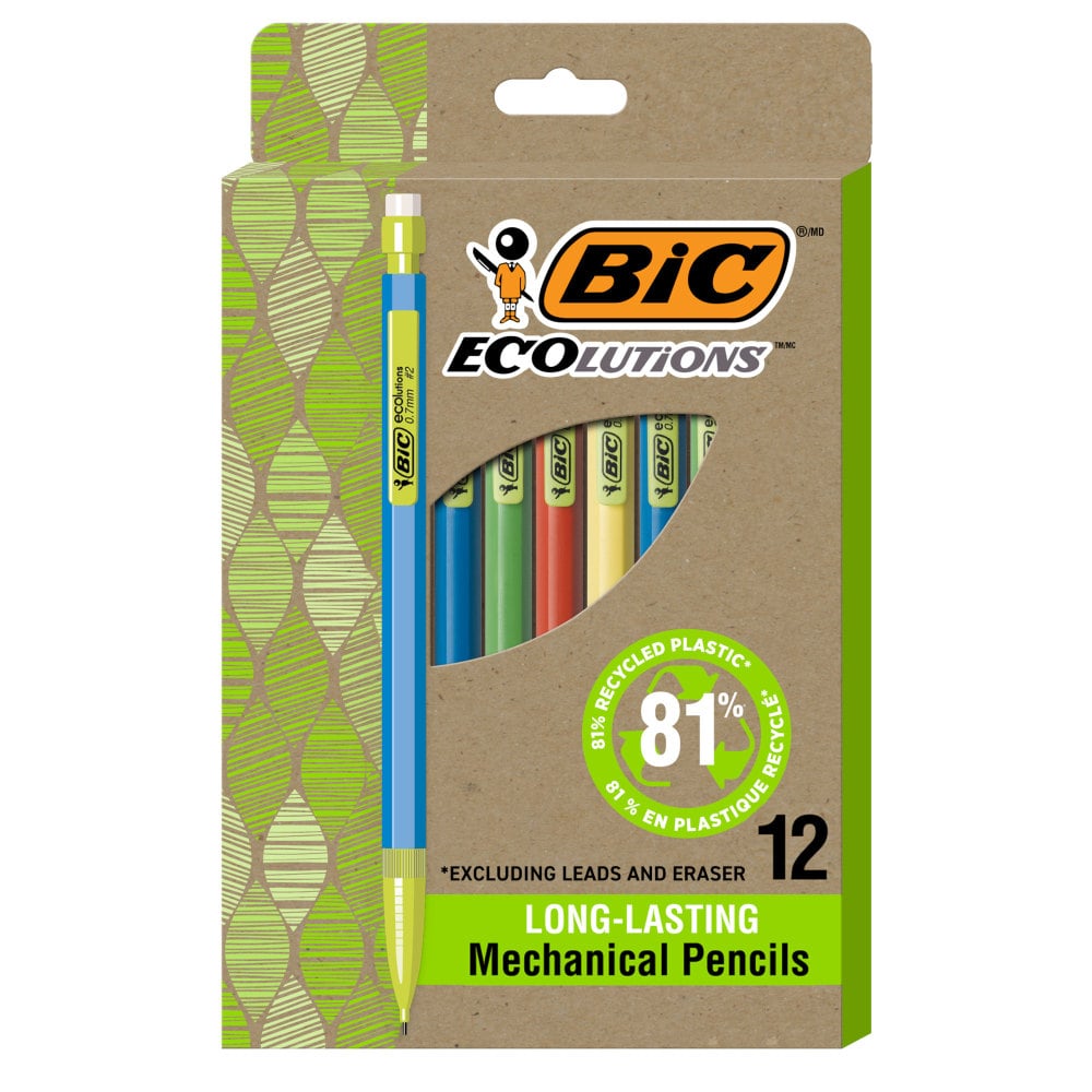 BIC Ecolutions #2 Mechanical Pencils, 0.7 mm, Medium Point, 65% Recycled, Assorted Barrel, Pack of 12 Pencils MPN:MPE12-BLK