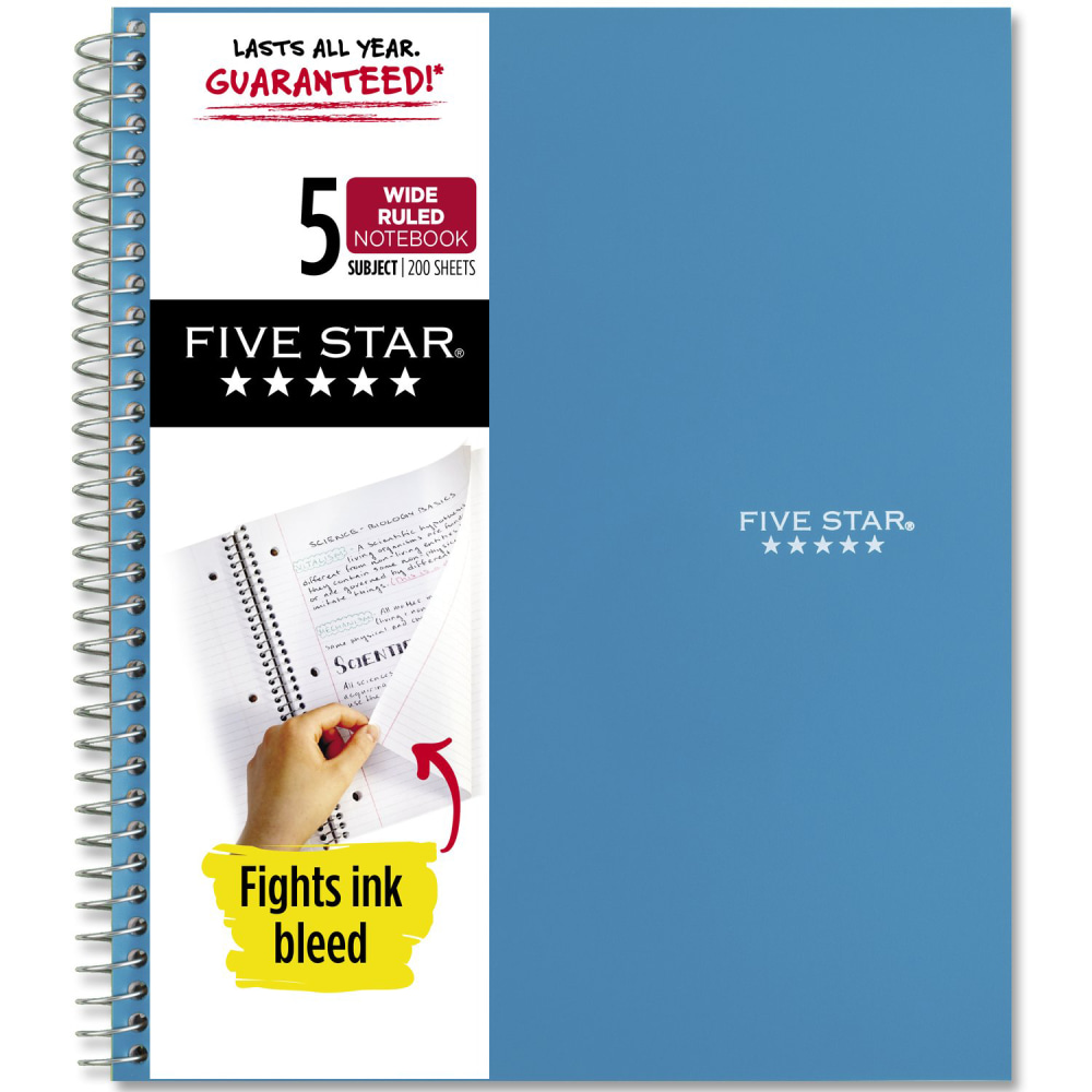 Five Star Wirebound Notebook, 8in x 10-1/2in, 5 Subject, Wide Ruled, 200 Sheets, Tidewater Blue (Min Order Qty 5) MPN:930012CG1-ECM