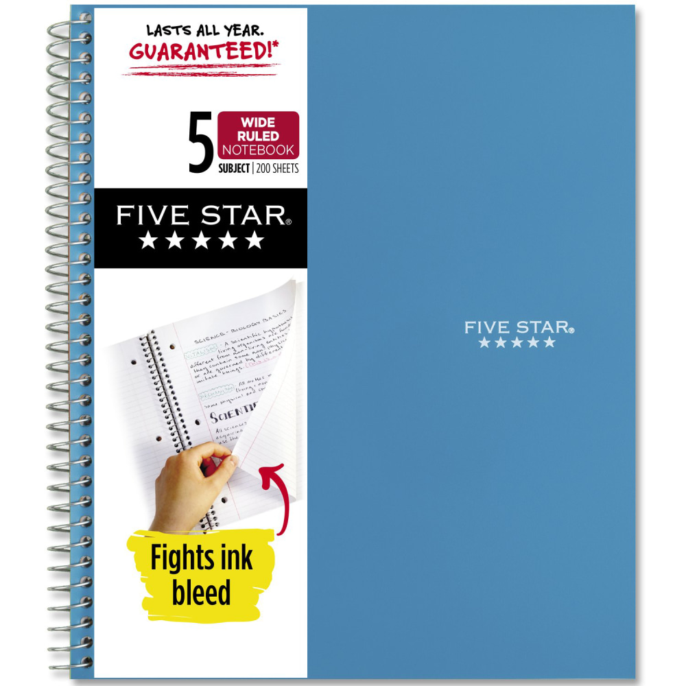 Five Star Wirebound Notebook, 8in x 10-1/2in, 5 Subject, Wide Ruled, 200 Sheets, Tidewater Blue MPN:930012CG1-ECM