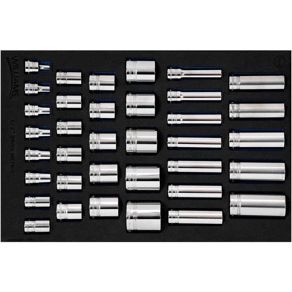 Socket Sets, Set Type: Deep, Standard , Measurement Type: Metric , Drive Size: 1/2 , Minimum Size (Inch): 10 , Maximum Size (Inch): 36  MPN:JHWFMSS-36RC