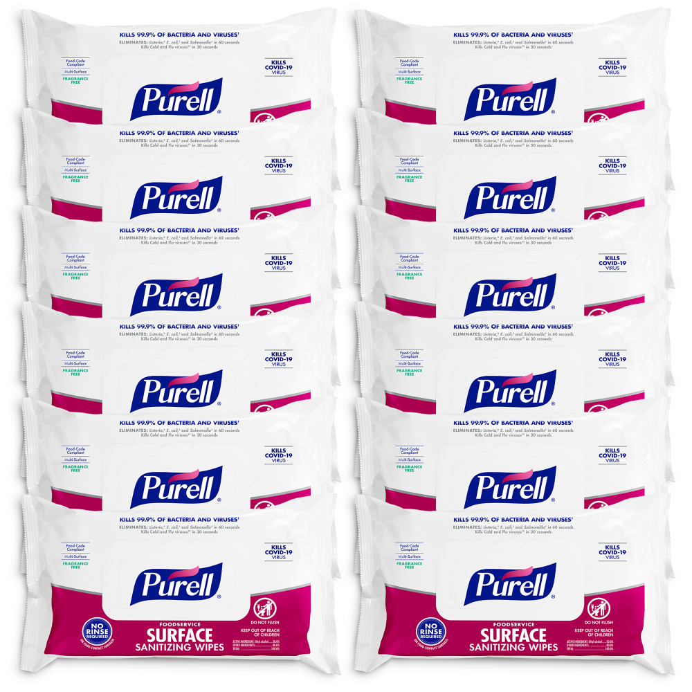 Purell Foodservice Surface Sanitizing Wipes, Fragrance Free, 7-7/16in x 9in, White, 72 Wipes Per Flowpack, Case Of 12 Packs MPN:9371-12