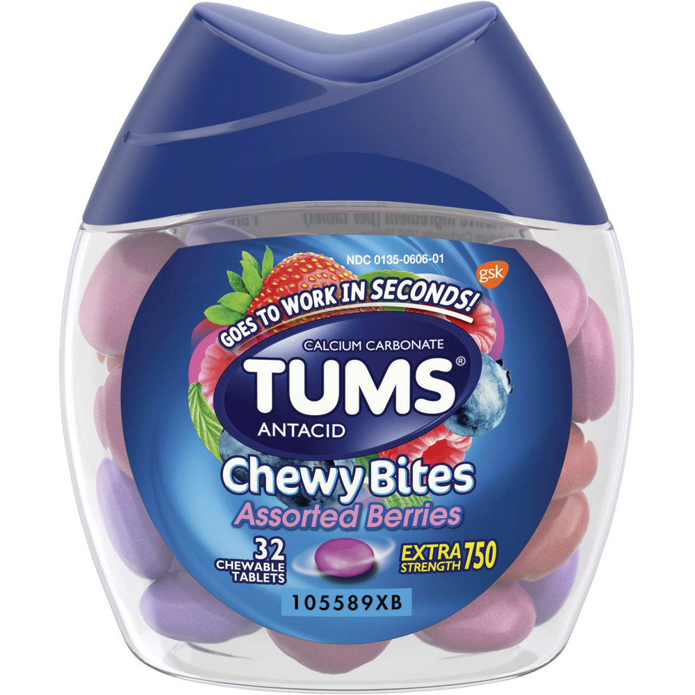 TUMS Chewy Bites Chewable Antacid Tablets, Assorted Berries, Bottle Of 32 Tablets MPN:GKC49180