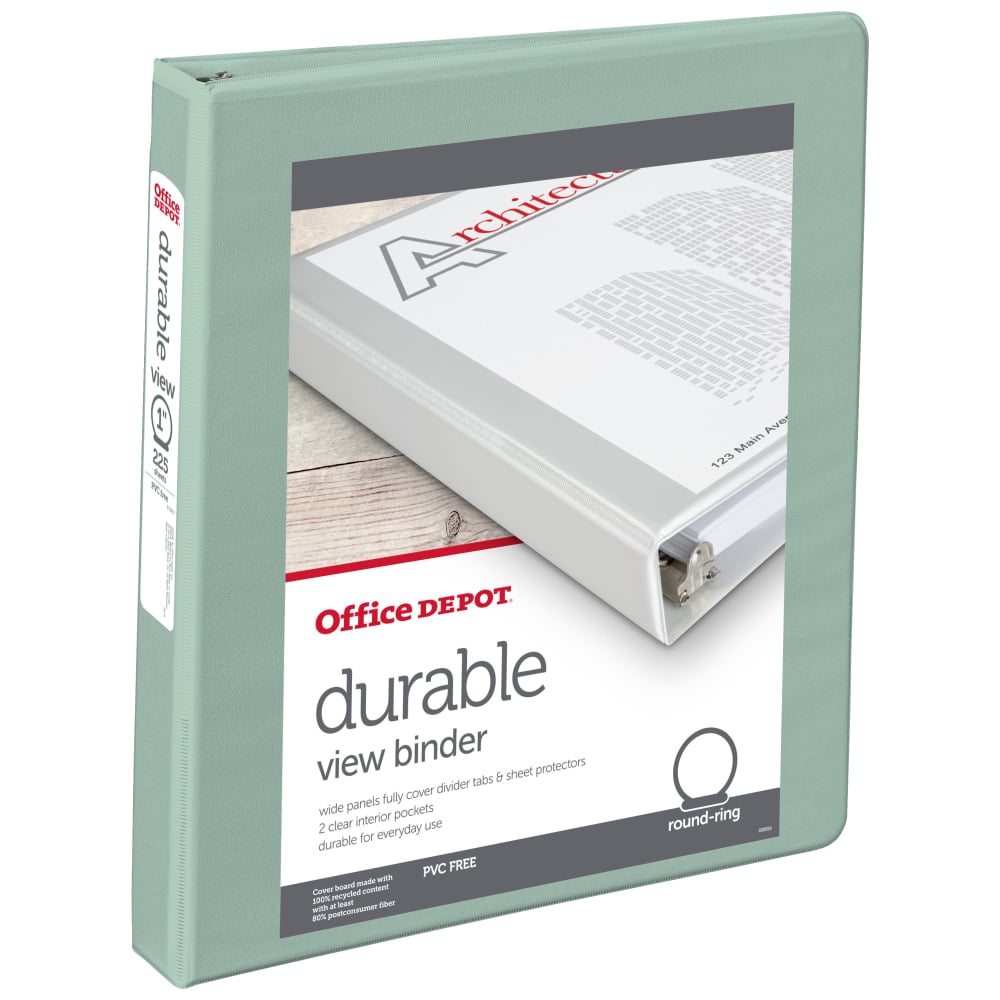 Office Depot Brand 3-Ring Durable View Binder, 1in Round Rings, Sage MPN:71617