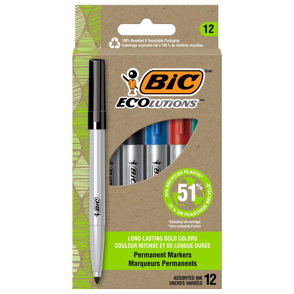 BIC Ecolutions Permanent Markers, Fine Point, 51% Recycled, Silver Barrels, Assorted Ink, Pack Of 12 Markers MPN:PMER12-AST