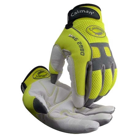 Hi-Vis Mechanics Gloves, Goat Grain Leather Palm, S, Yellow/White MPN:2980-3