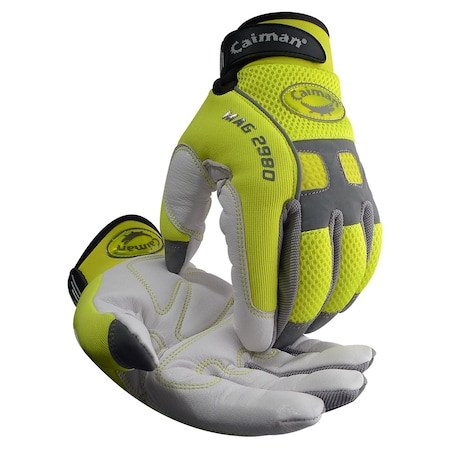 Hi-Vis Mechanics Gloves, Goat Grain Leather Palm, L, Yellow/White MPN:2980-5