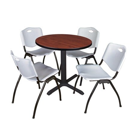 Cain Round Table & Chair Set, Wood, Metal, Plastic Top, Cherry MPN:TB30RNDCH47GY