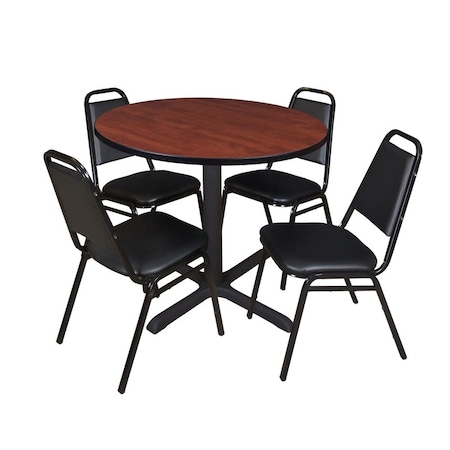 Cain Round Table & Chair Set, Wood, Metal, Vinyl Top, Cherry MPN:TB36RNDCH29BK