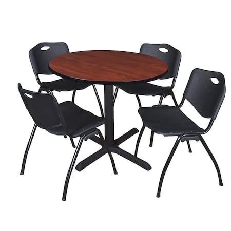 Cain Round Table & Chair Set, Wood, Metal, Plastic Top, Cherry MPN:TB42RNDCH47BK