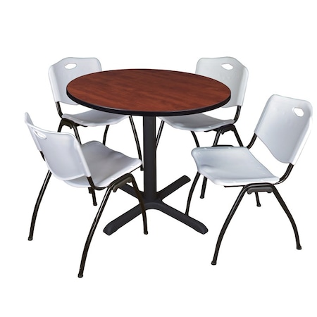 Cain Round Table & Chair Set, Wood, Metal, Plastic Top, Cherry MPN:TB42RNDCH47GY