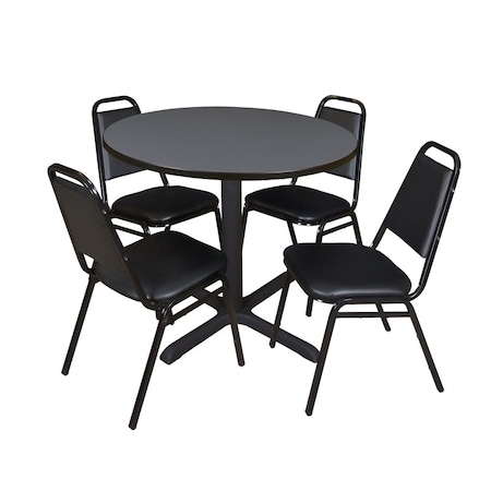 Cain Round Table & Chair Set, Wood, Metal, Vinyl Top, Grey MPN:TB42RNDGY29BK