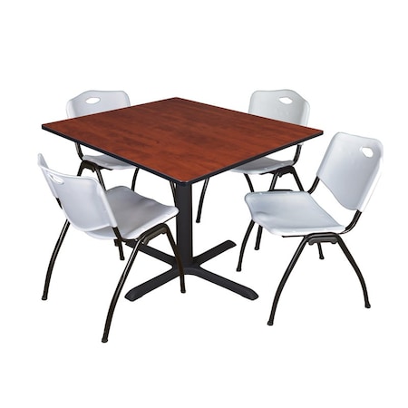 Cain Square Table & Chair Set, Wood, Metal, Plastic Top, Cherry MPN:TB4848CH47GY