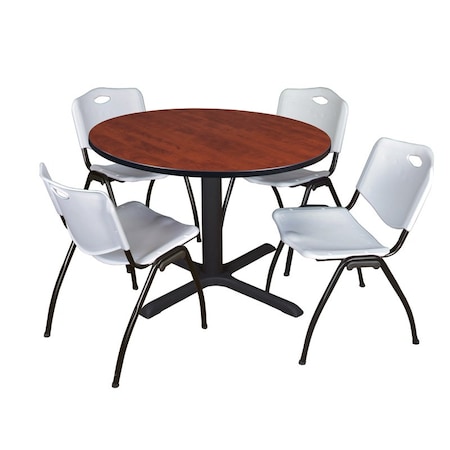 Cain Round Table & Chair Set, Wood, Metal, Plastic Top, Cherry MPN:TB48RNDCH47GY