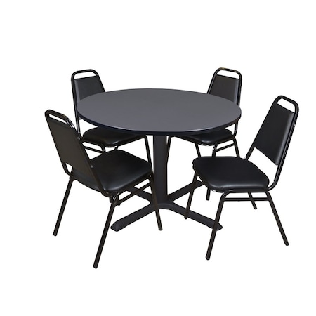 Cain Round Table & Chair Set, Wood, Metal, Vinyl Top, Grey MPN:TB48RNDGY29BK