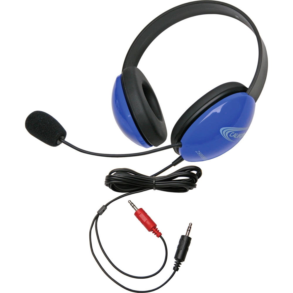 Califone Blue Stereo Headphone w/ Mic Dual 3.5mm Plug Via Ergoguys - Stereo - Mini-phone (3.5mm) - Wired - 32 Ohm - 20 Hz - 20 kHz - Over-the-head - Binaural - Supra-aural - 5.50 ft Cable - Electret Microphone - Blue (Min Order Qty 3) MPN:2800BL-AV