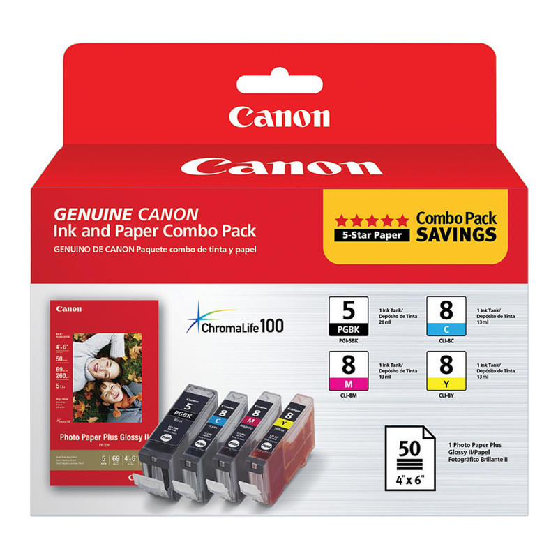 Canon PGI-5/CLI-8/PP-201 ChromaLife 100 Black And Cyan, Magenta, Yellow Ink Cartridges And Photo Paper, Pack Of 4 MPN:0628B027