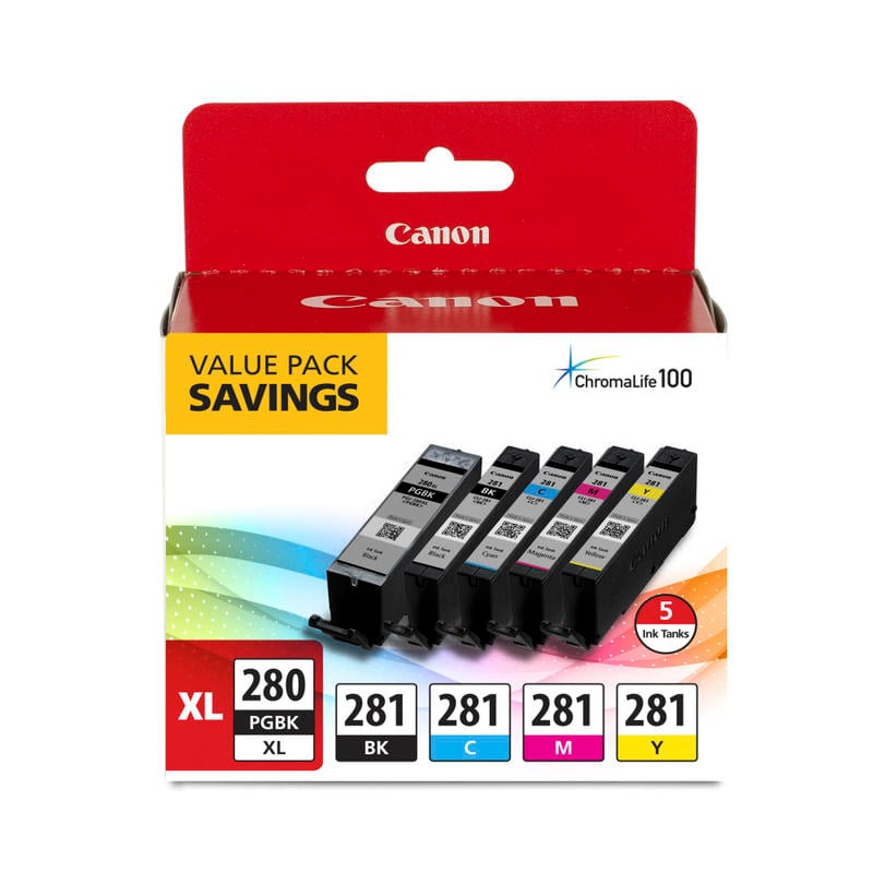 Canon PGI-280XL Black; CLI-281 Black; Cyan; Magenta; Yellow High-Yield Ink Tanks, Pack Of 5 MPN:2021C007