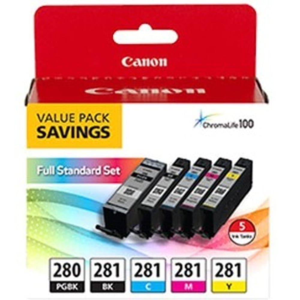 Canon PGI-280/CLI-281 Pigment Black, Black, Cyan, Yellow, Magenta Original Ink Cartridges, Pack Of 5 Cartridges, 2075C006 MPN:2075C006