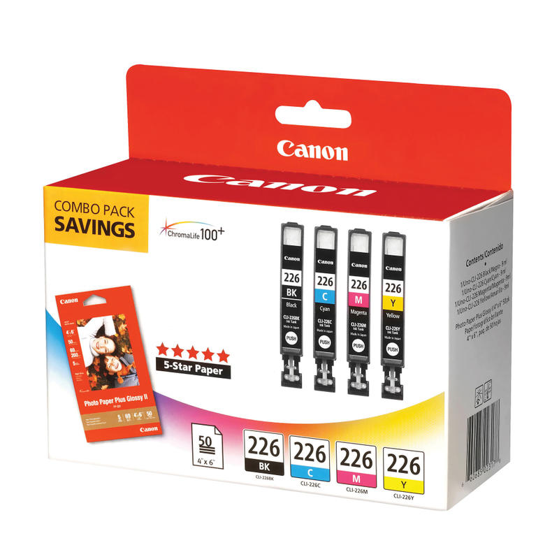 Canon CLI-226 ChromaLife 100+ Black And Cyan, Magenta, Yellow Ink Tanks And 50 Sheets Of Paper, Pack Of 4, 4546B007 MPN:4546B007